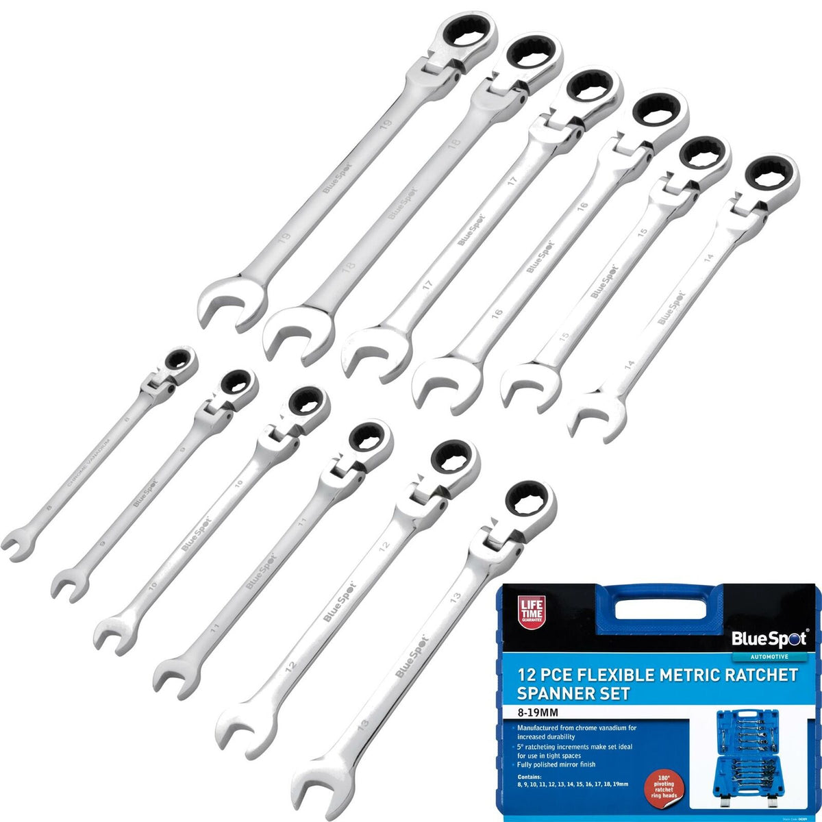 BlueSpot 12pc Open & Closed Ended Flexible Metric Ratchet Spanner Set 8-19mm