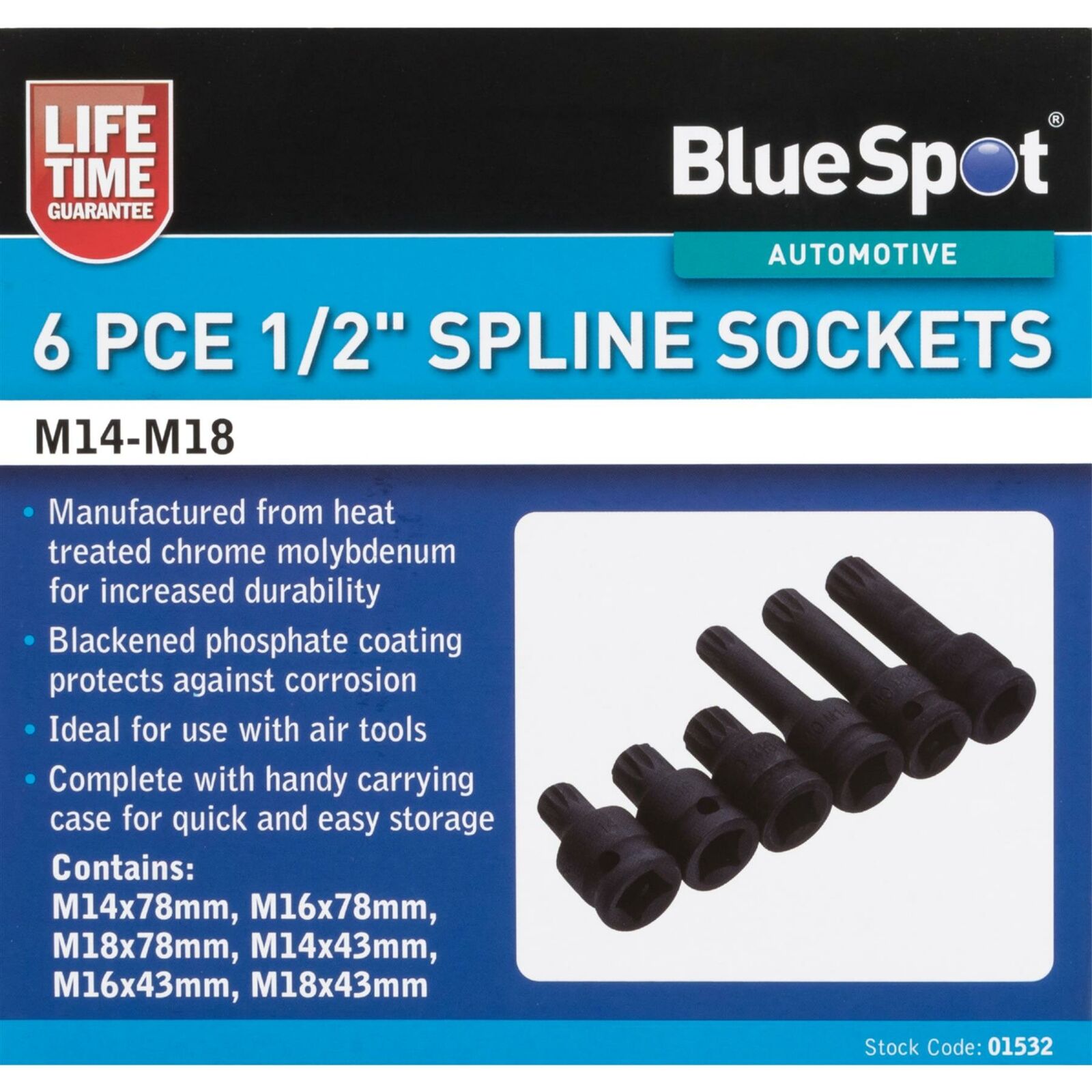 Bluespot 6pc Impact Spline Sockets Bit Set M14 M16 M18 Deep Shallow 1/2" Drive