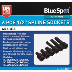 Bluespot 6pc Impact Spline Sockets Bit Set M14 M16 M18 Deep Shallow 1/2" Drive