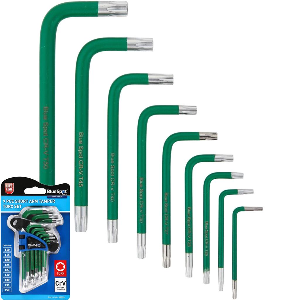 BlueSpot 9pc Short Arm Star Tamper Torx Allen Key Security Wrench T10 - T50 Set