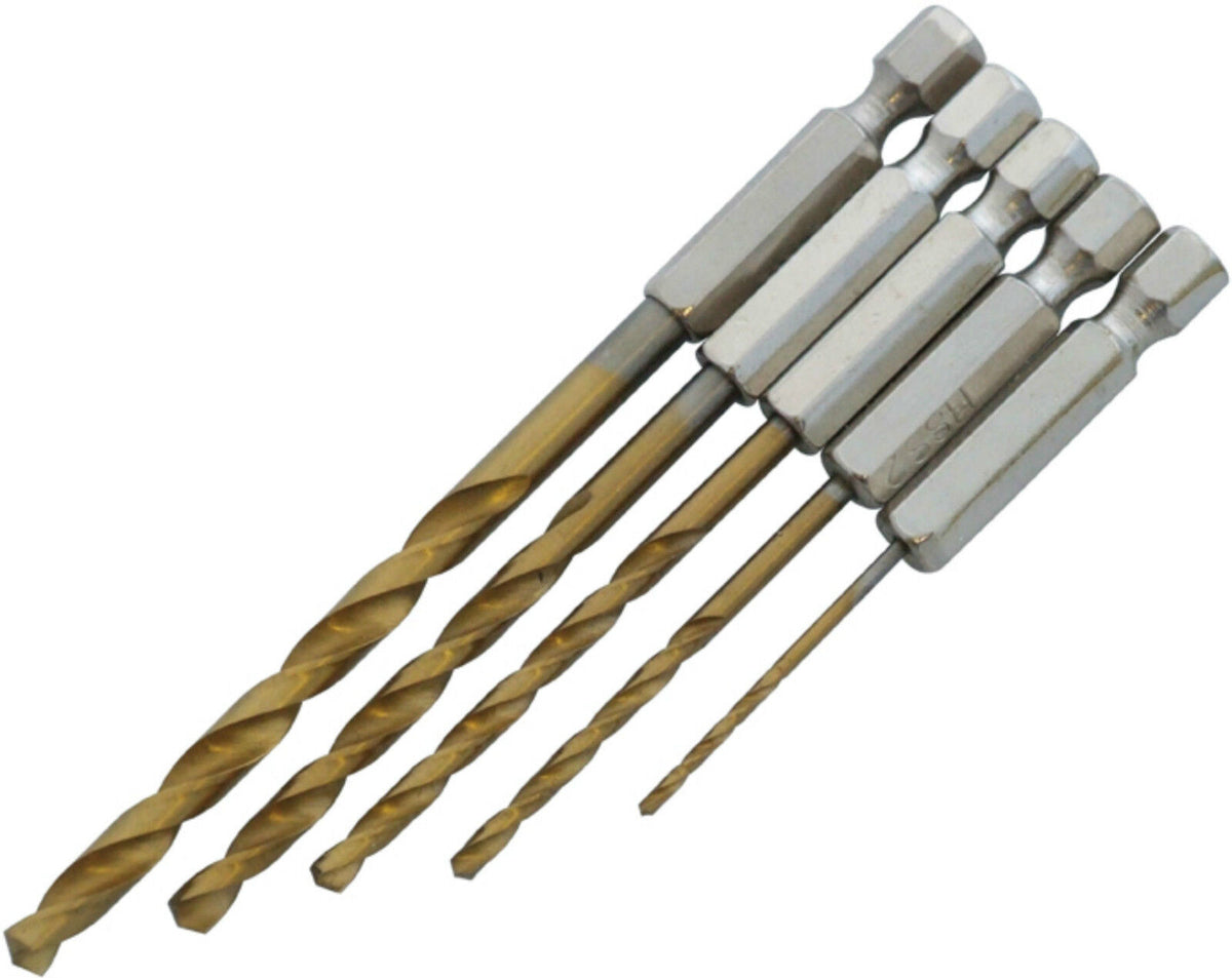 5pc HSS TITANIUM COATED HEX SHANK METAL DRILL BIT SET