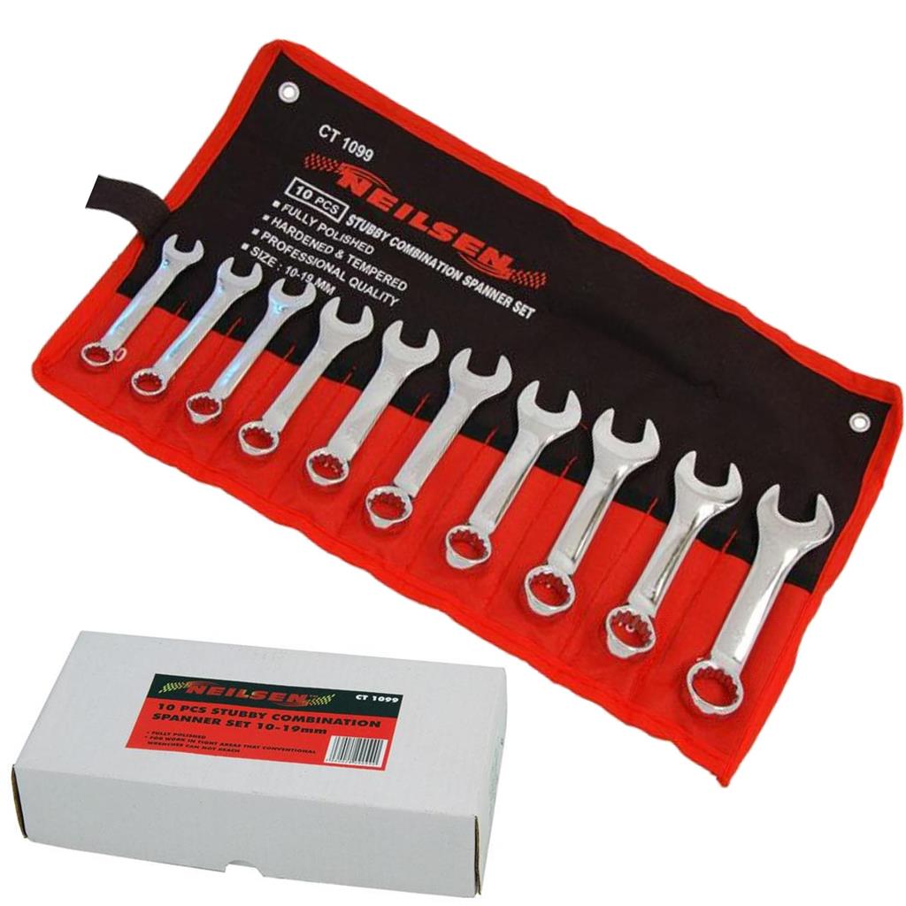 Neilsen 10pc Stubby Polished Metric Combination Spanner Wrench Set 10mm - 19mm