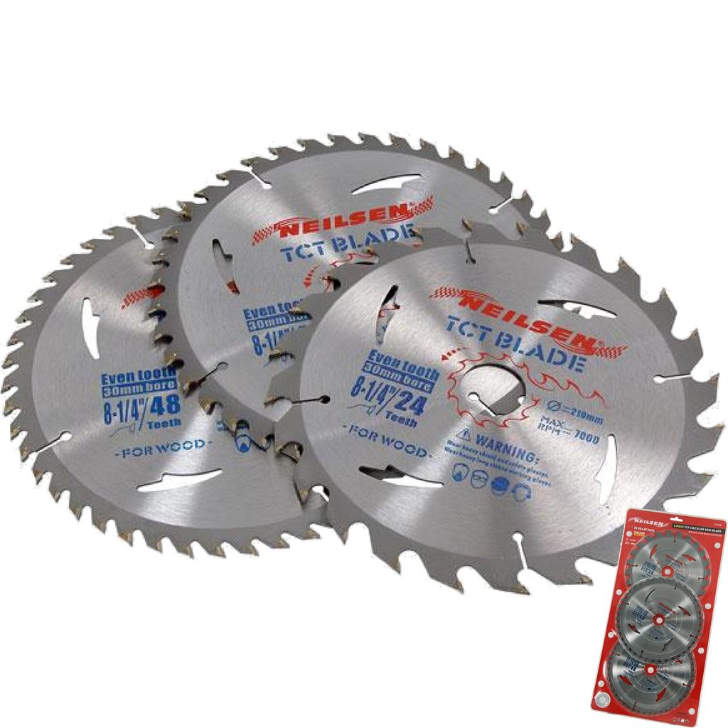 Neilsen 3pc Tct Circular Mitre Saw Blade Blades 210mm Set For Wood