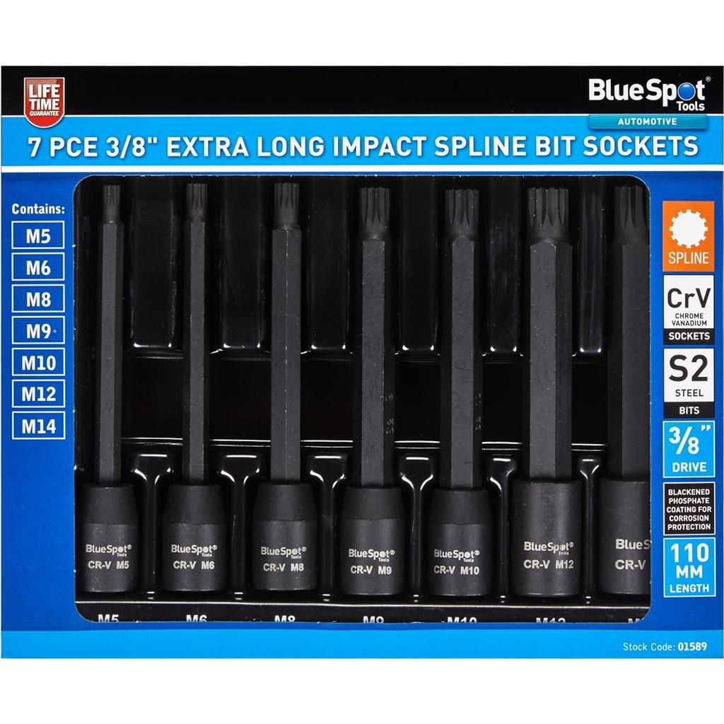 BlueSpot 7pc Extra Long Impact Spline Bit Sockets  3/8" Drive M5 - M14 Set