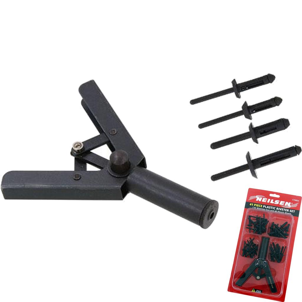 Neilsen Plastic Rivet Gun Garage Car Bodyshop Hand Riveter Tool 40 Rivets Set