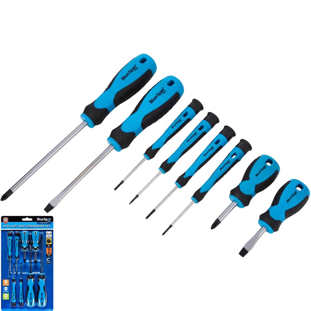 Bluespot 8pc Soft Grip Magnetic Precision Pozi Slotted Phillips Screwdriver Set
