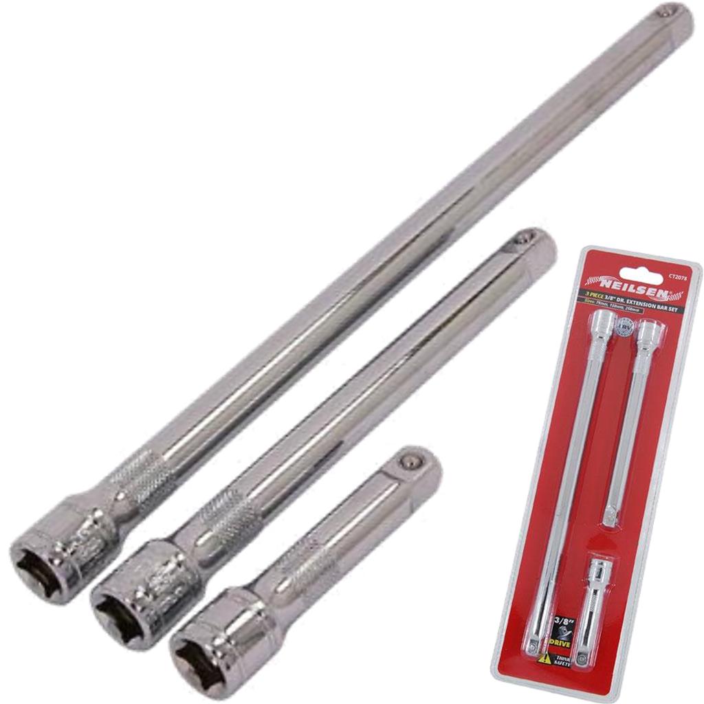 Neilsen 3pc 3/8" Drive Socket Extension Bar Set 75mm 150mm 225mm Extra Long