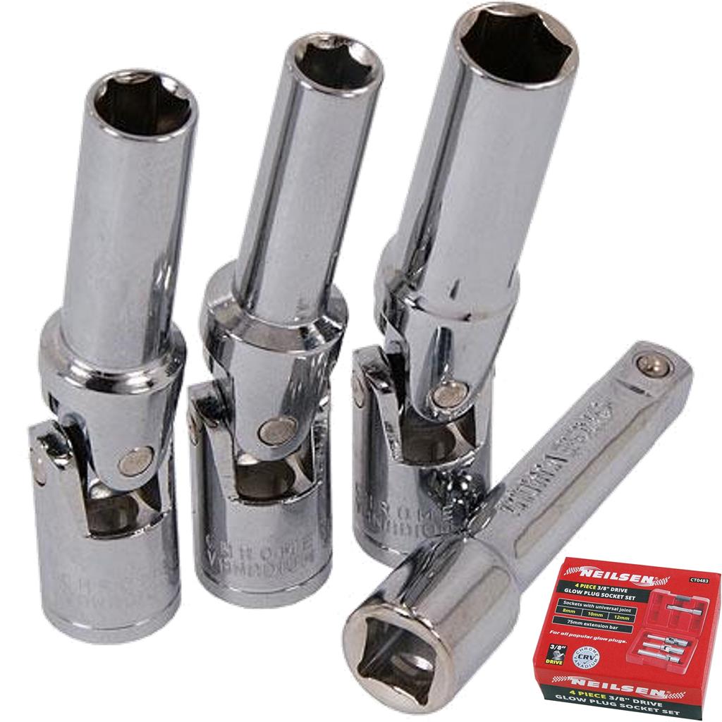 Neilsen 4pc Glow Plug Universal Joint Socket Set Metric Sockets Hub Re ...