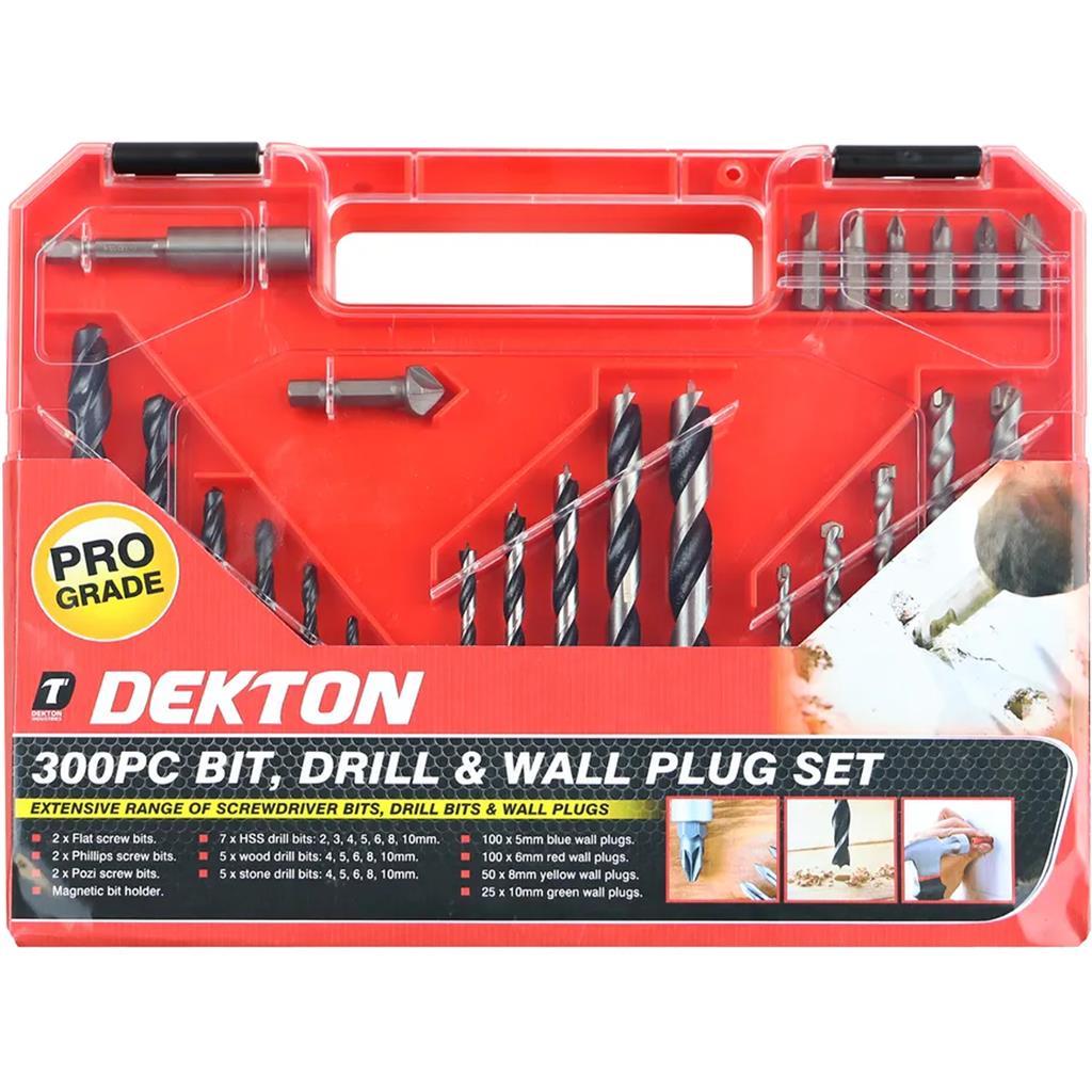 Dekton 300pc HSS Drill Screwdriver Bit And Wall Plugs Bit Holder Set Wood Stone