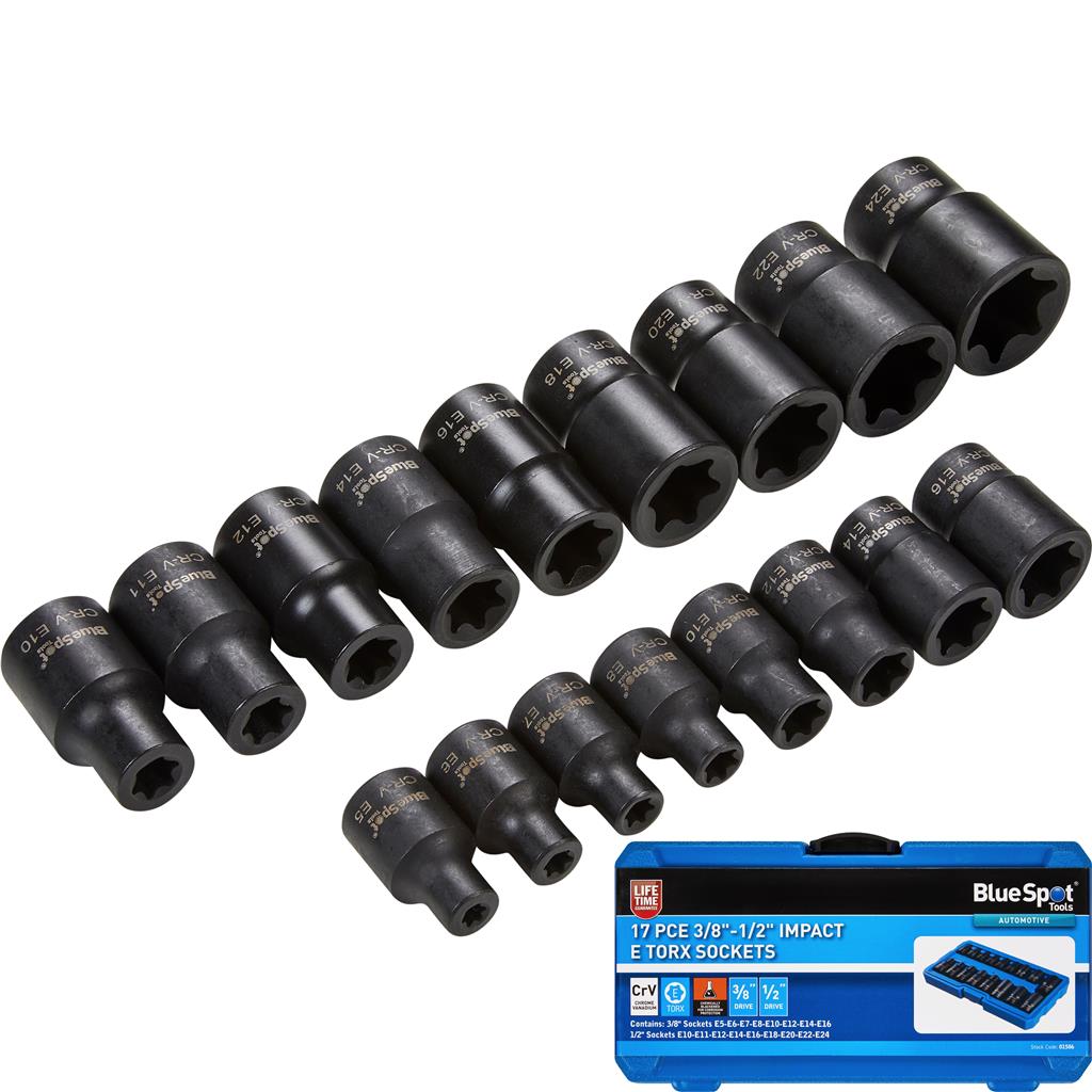 BlueSpot 17pc Impact E Torx Socket Sockets Set E5 - E24 3/8" 1/2" Drive