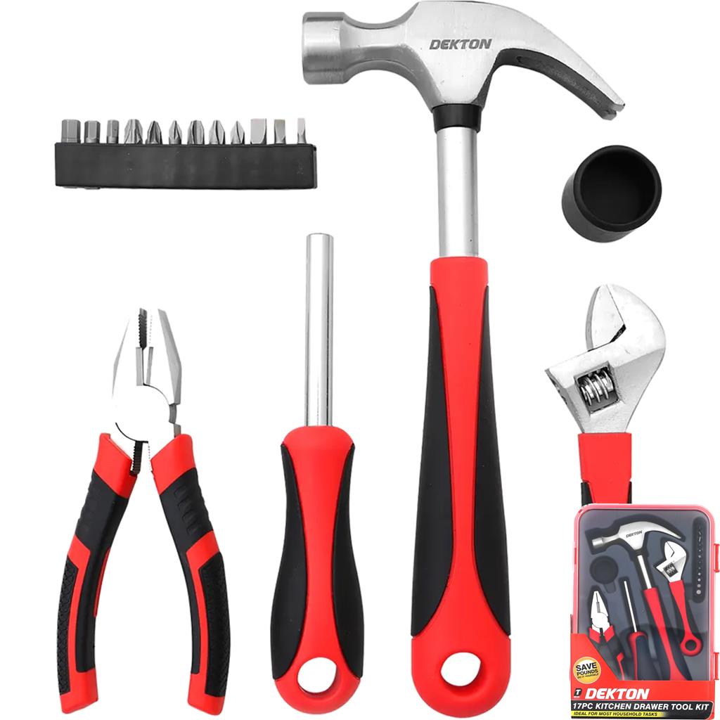 Dekton 17pc Kitchen Hammer Wrench Pliers Bit Holder Screwdriver Drawer Tool Kit