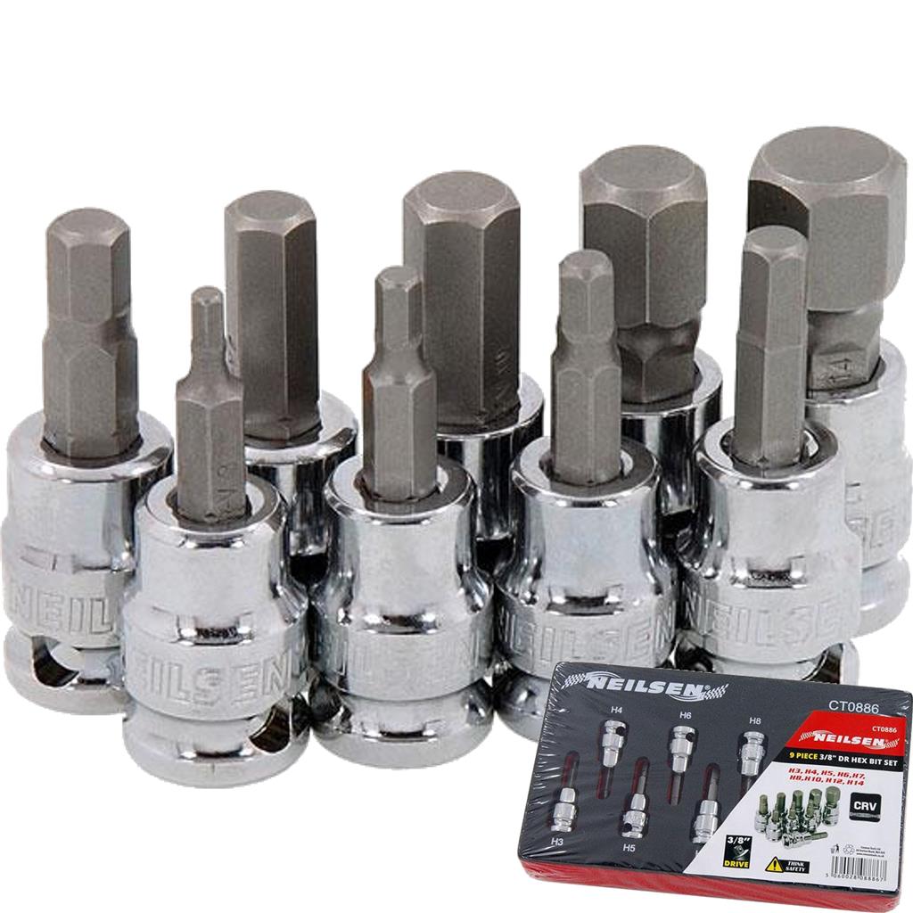 Neilsen 9pc Spline Hex Bit Socket Set 3/8" Drive Sockets 3mm - 14mm
