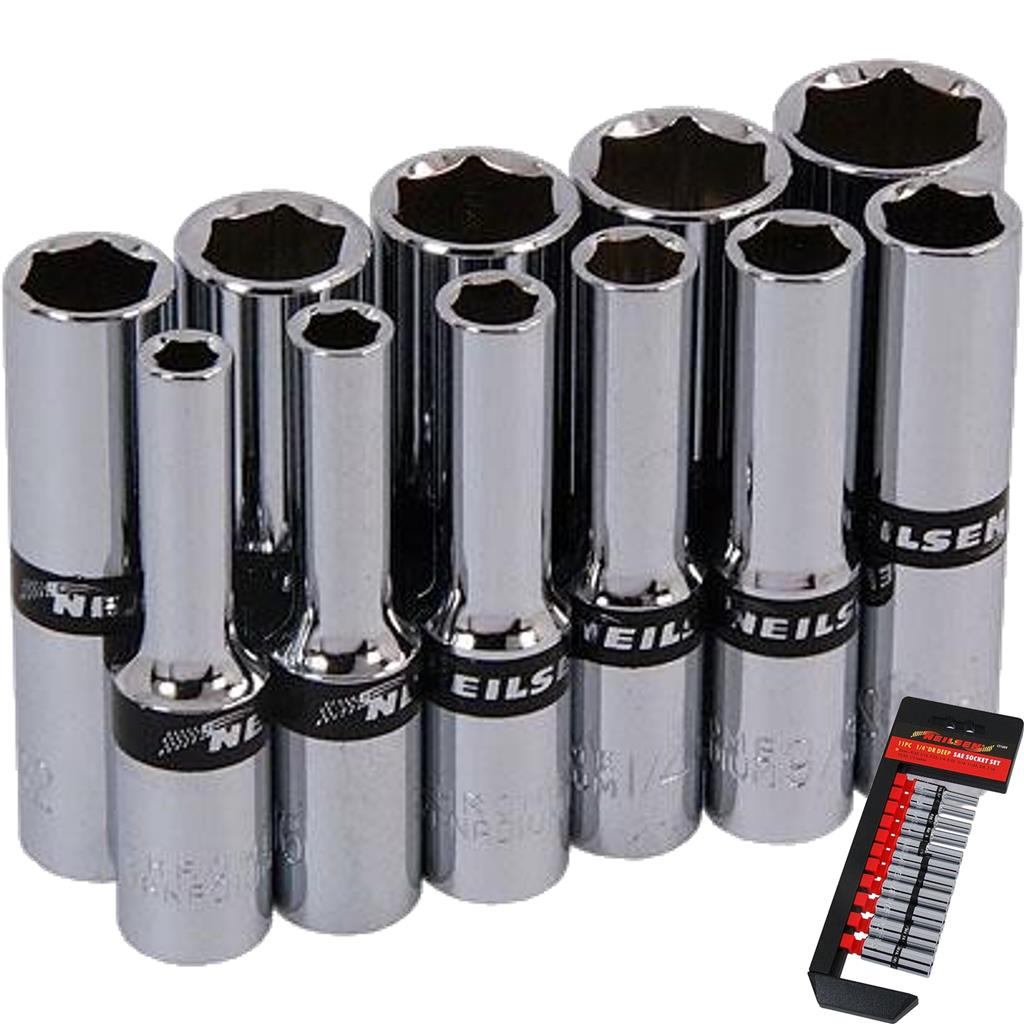 Neilsen 11pc SAE Deep Sockets 5/32" - 1/2" Socket Set 1/4" Drive 6pt With Rail