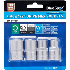 BlueSpot 4pc 1/2" Drive Metric Shallow Hex Sockets Socket Set 10mm - 19mm