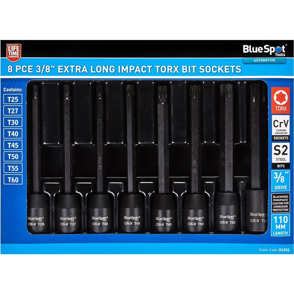 BlueSpot 8pc Extra Long Impact Torx Bit Sockets 3/8" Drive T25 - T60 Set