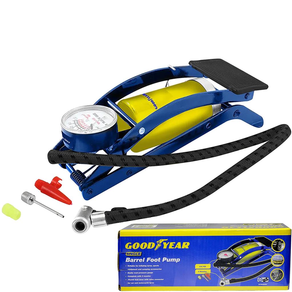 Goodyear Single Barrel Foot Pump Air Inflator Car Bicycle Tyre Pressure Guage