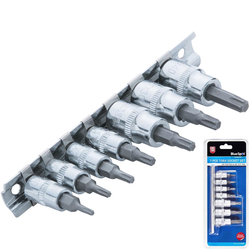 BlueSpot 7pc Torx 1/4" 3/8" Drive Bit Socket Set T10 - T40 Bits Sockets