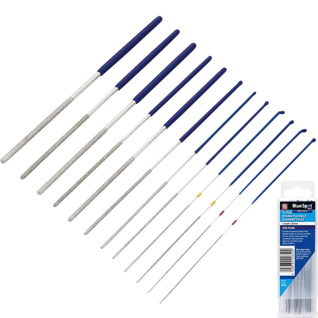 BlueSpot 12pc Mini Round Fine Small Flexible Diamond Files Jewellery File 125mm