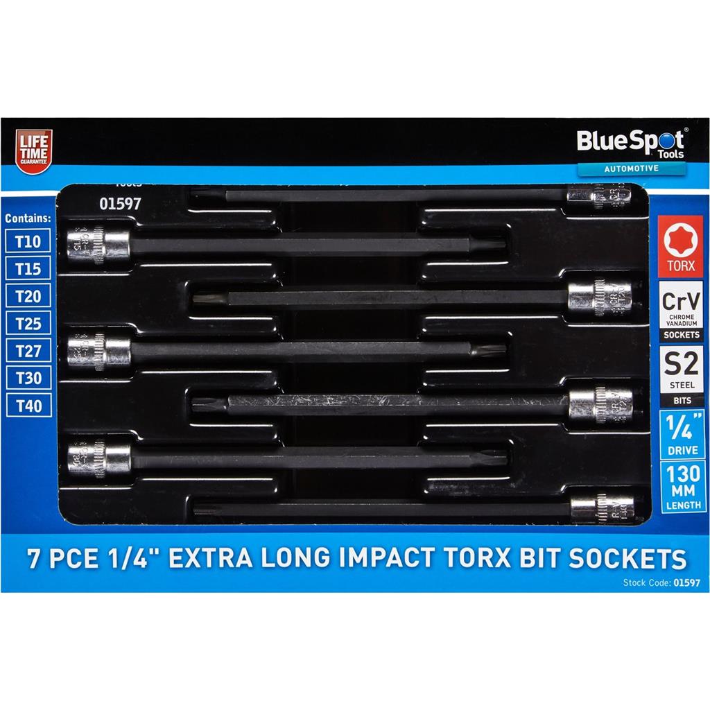 BlueSpot 7pc Extra Long Impact Torx Bit Sockets 1/4" Drive T10 - T40 Set