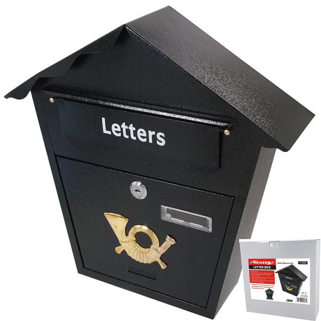 Neilsen Wall Mounted Mail Letter Box Lockable Black Steel Post Mailbox Postbox