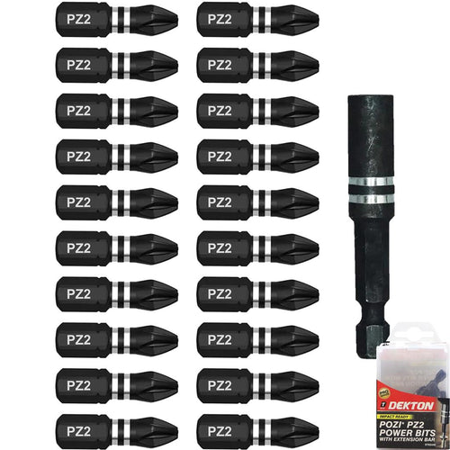 Dekton 20pc Pozi S2 Steel Impact Drill Drive Bits Extension Bar 25mm Bit PZ2