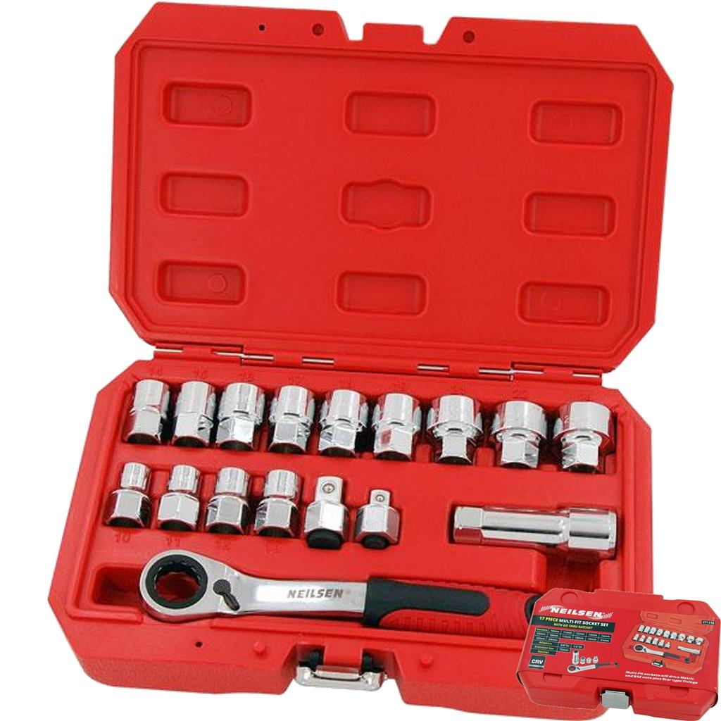 Neilsen 17pcs Multi-Fit Socket Extension Bar Set With Go Thru Ratchet 10m - 24mm