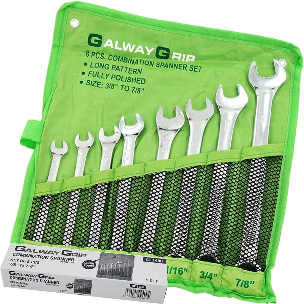 Galway Grip 8pc Long Fully Polished Imperial Combination Spanner Wrench Set